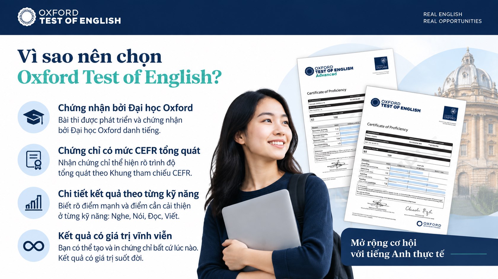 Infographic giới thiệu Oxford Test of English và các lợi ích của bài thi